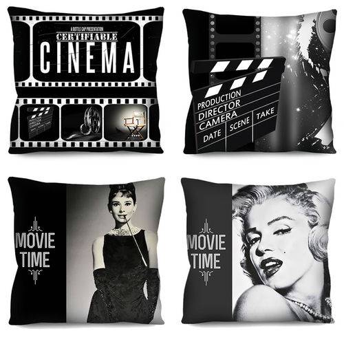 Kit 4 Capas de Almofada Cinema Claquete Audrey Marilyn 42cm