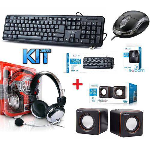 Kit 4 em 1 Teclado + Mouse Óptico + Caixa de Som + Fone Ouvido Headset com Microfone Pc Desktop