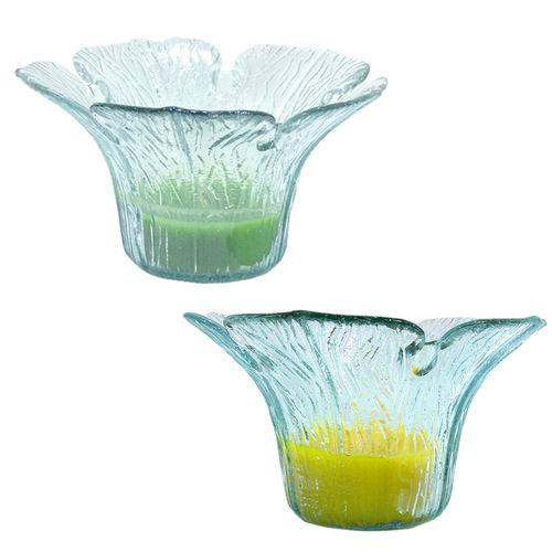 2 Vela Aromatizada Amarelo e Verde Base Formato Flor Vidro Casamento Luau Kit