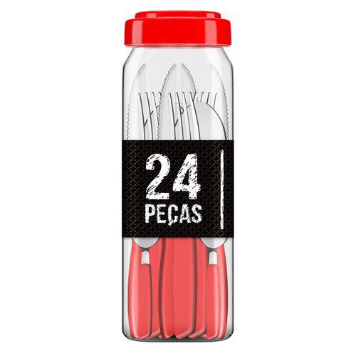 Kit 24 Peças Talheres Pop Color Cabo Plástico Vermelho