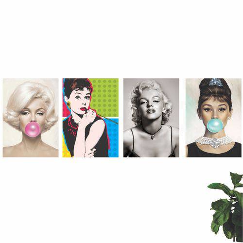 Kit 4 Quadros Marilyn Monroe e Audrey Hapburn Chicle