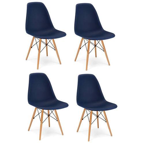Kit 4x Cadeira Design Eames Eiffel Dar Ray Pes Madeira Salas Florida Azul Marinho Assento Polipropileno Fratini