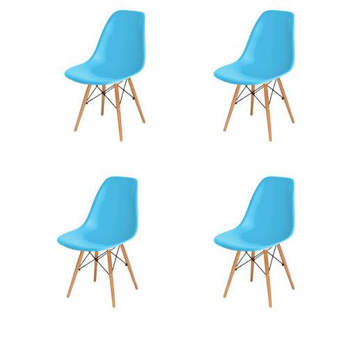 Kit 4x Cadeira Design Eames Eiffel Dar Ray Pes Madeira Salas Florida New Blue Assento Polipropileno Fratini