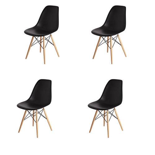 Kit 4x Cadeira Design Eames Eiffel Dar Ray Pes Madeira Salas Florida Preta Assento Polipropileno Fratini