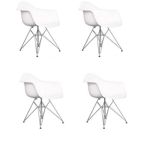 Kit 4x Cadeira Design Eames Eiffel Dar Ray Pes Metal Salas Florida Branca Braços Polipropileno Fratini