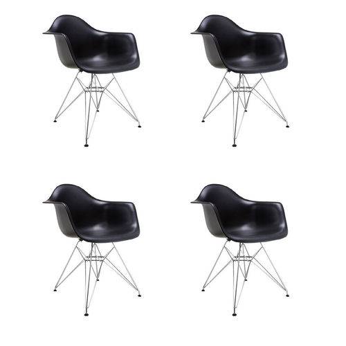 Kit 4x Cadeira Design Eames Eiffel Dar Ray Pes Metal Salas Florida Preto Braços Polipropileno Fratini