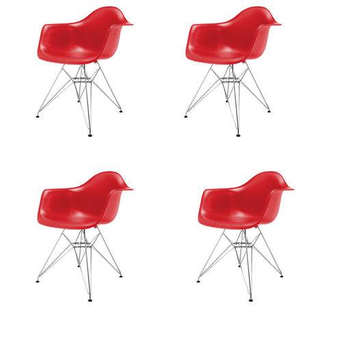Kit 4x Cadeira Design Eames Eiffel Dar Ray Pes Metal Salas Florida Vermelha Braços Polipropileno Fratini