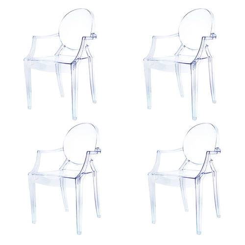 Kit 4x Cadeira Design Louis Ghost Transparente Incolor com Braços Moderna Cozinhas Salas Jantar Versalhes Fratini