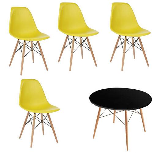 Kit 4x Cadeira Mesa Design Eames Eiffel Dar Ray Pes Madeira Salas Florida Amarela Preta Assento Polipropileno Fratini