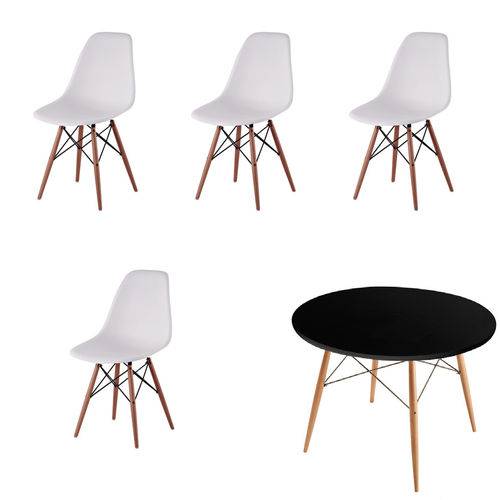 Kit 4x Cadeira Mesa Design Eames Eiffel Dar Ray Pes Madeira Salas Florida Branco Preta Assento Polipropileno Fratini