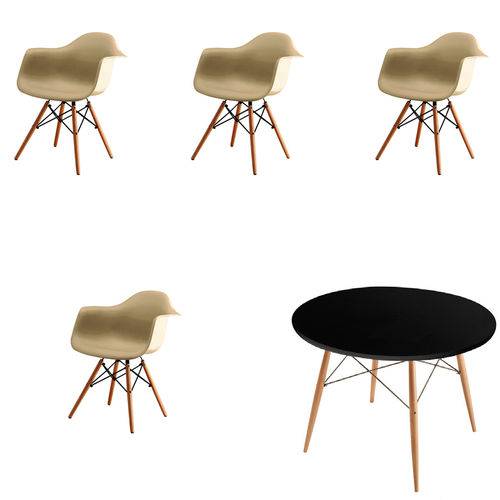 Kit 4x Cadeira Mesa Design Eames Eiffel Dar Ray Pes Madeira Salas Florida Fendi Preta Braços Polipropileno Fratini