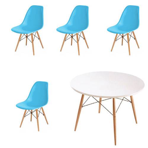 Kit 4x Cadeira Mesa Design Eames Eiffel Dar Ray Pes Madeira Salas Florida New Blue Branca Assento Polipropileno Fratini