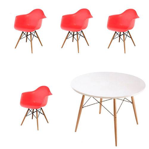 Kit 4x Cadeira Mesa Design Eames Eiffel Dar Ray Pes Madeira Salas Florida Vermelho Branca Braços Polipropileno Fratini