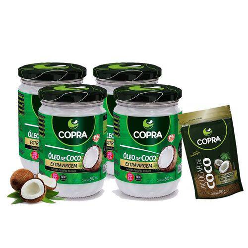 Kit 4x Óleo de Coco Extra Virgem 500ml + Açúcar de Coco 100g - Copra