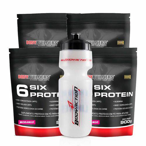 Kit 4x Proteína Whey Protein Six Protein Refil Morango + Squeeze 3,6kg Bodybuilders