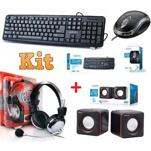 Kit 4x1 Teclado + Mouse Óptico + Caixa de Som + Fone de Ouvido Headset com Microfone Pc