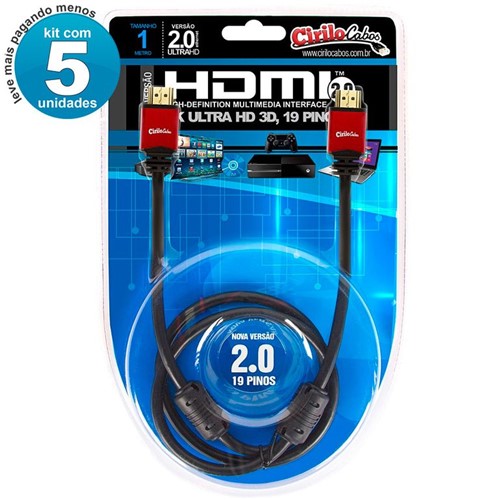 Kit 5 Cabo HDMI Versão 2.0, 19 Pinos, 4K, Ultra HD, 3D - 1 Metro