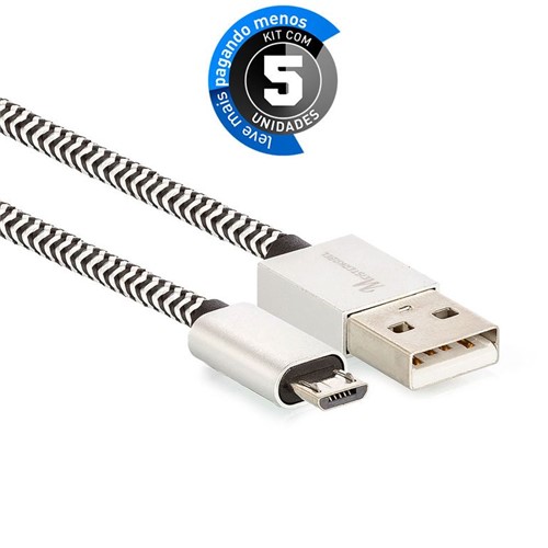 Kit 5 Cabo Micro USB para USB Revestido com Tecido - Preto - 1m