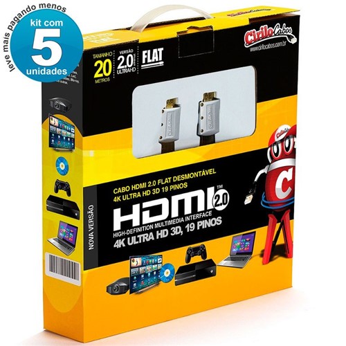 Kit 5 Cabos HDMI 2.0 Flat Desmontável,19 Pinos, 4K, Ultra HD, 3D, 20m