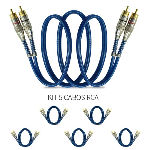 Kit 5 Cabos RCA Prime Azul Plug Metal
