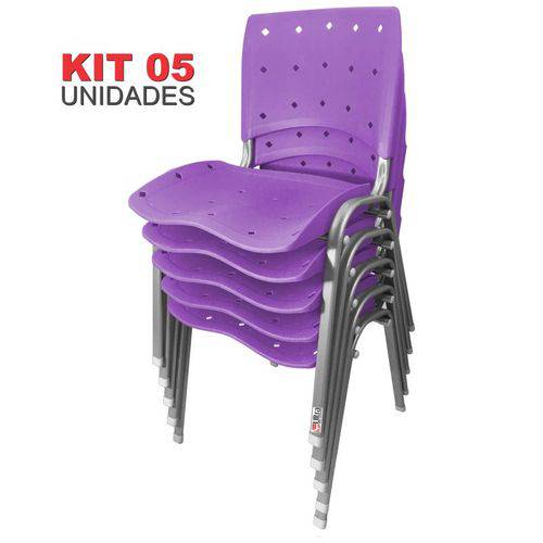 KIT 5 Cadeira Empilhável Ergonômica Ergoplax Estrutura Prata Assento Encosto Plástico Lilás