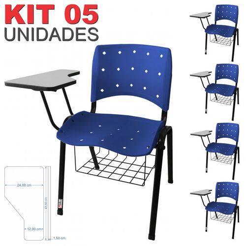 KIT 5 Cadeira Universitária AZUL Anatômica Ergoplax com Porta Livros - ULTRA Móveis