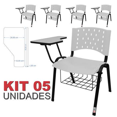 KIT 5 Cadeira Universitária BRANCA com Porta Livros - ULTRA Móveis