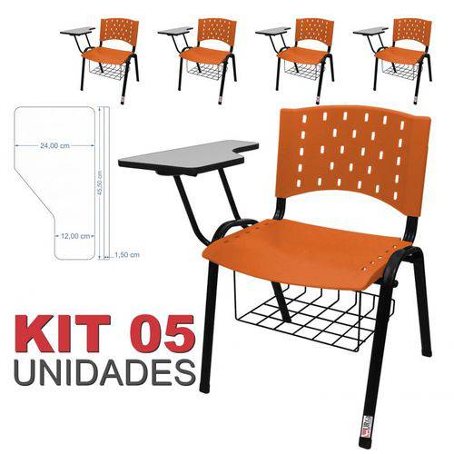 KIT 5 Cadeira Universitária LARANJA com Porta Livros - ULTRA Móveis