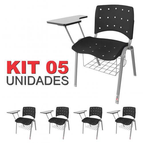 KIT 5 Cadeira Universitária PRETA Anatômica Ergoplax Estrutura Prata com Porta Livros - ULTRA Móveis