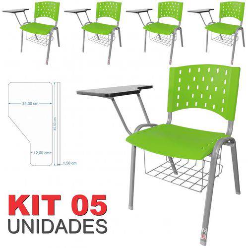 KIT 5 Cadeira Universitária VERDE Estrutura Prata com Porta Livros - ULTRA Móveis