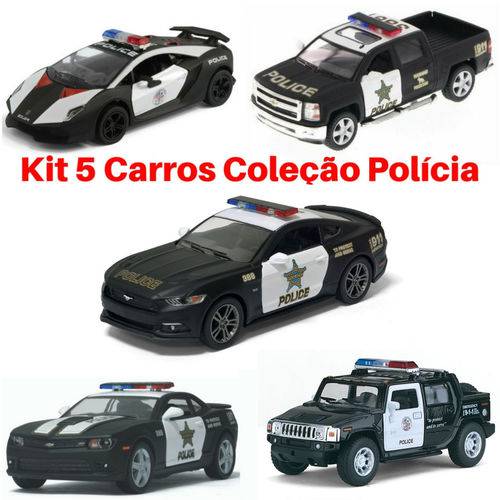 Kit 5 Coleção Miniatura Carro Policial / Policia 1/38 Cor Preto Kinsmart