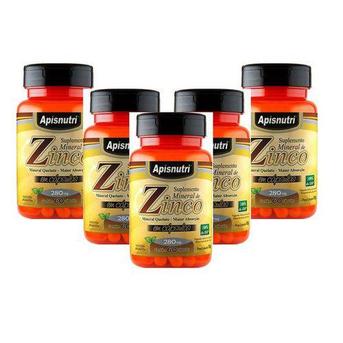 Kit 5 Zinco Quelato 280mg - Apisnutri - com 60 Cápsulas Cada