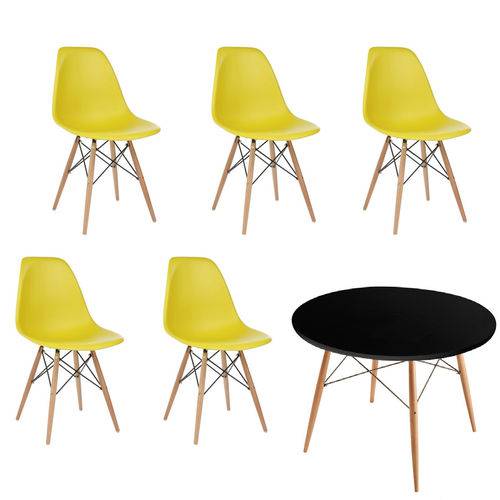 Kit 5x Cadeira Mesa Design Eames Eiffel Dar Ray Pes Madeira Salas Florida Amarela Preta Assento Polipropileno Fratini