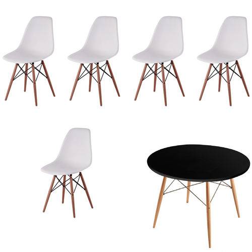 Kit 5x Cadeira Mesa Design Eames Eiffel Dar Ray Pes Madeira Salas Florida Branco Preta Assento Polipropileno Fratini