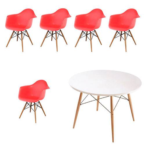 Kit 5x Cadeira Mesa Design Eames Eiffel Dar Ray Pes Madeira Salas Florida Vermelho Branca Braços Polipropileno Fratini