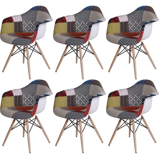 Kit 6 Cadeira Eames Wood Patch Work Estampada OR Design 1120