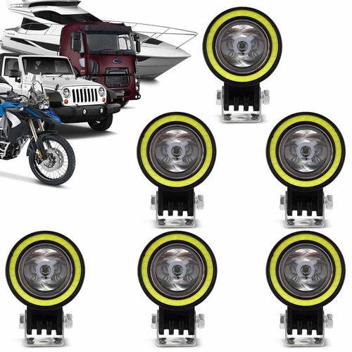 Kit 6 Faróis de Milha Circular Led 6000k 10w com Angel Eyes Universal Carro Moto Caminhão Jeep
