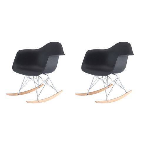 Kit 2x Cadeira Balanço Design Eames Eiffel Dar Ray Salas Florida Preto Braços Polipropileno Fratini