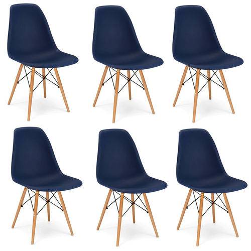 Kit 6x Cadeira Design Eames Eiffel Dar Ray Pes Madeira Salas Florida Azul Marinho Assento Polipropileno Fratini