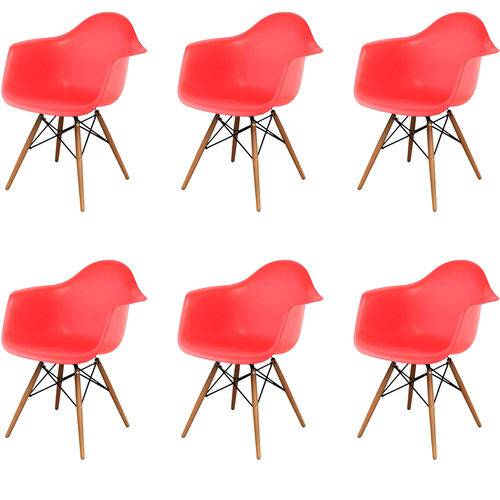 Kit 6x Cadeira Design Eames Eiffel Dar Ray Pes Madeira Salas Florida Vermelha Braços Polipropileno Fratini