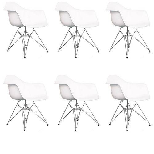 Kit 6x Cadeira Design Eames Eiffel Dar Ray Pes Metal Salas Florida Branca Braços Polipropileno Fratini