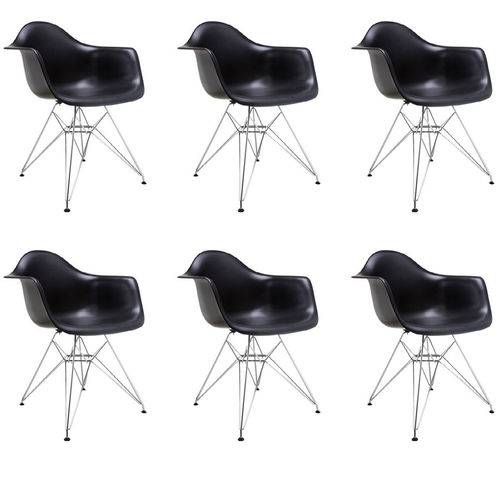 Kit 6x Cadeira Design Eames Eiffel Dar Ray Pes Metal Salas Florida Preto Braços Polipropileno Fratini