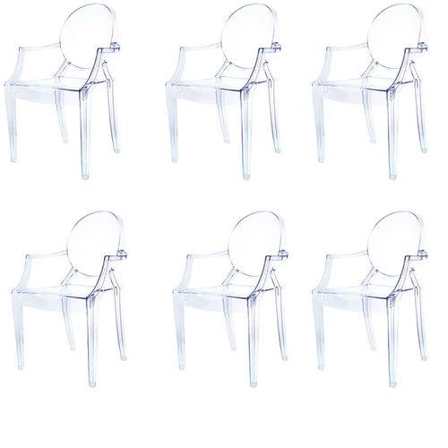 Kit 6x Cadeira Design Louis Ghost Transparente Incolor com Braços Moderna Cozinhas Salas Jantar Versalhes Fratini