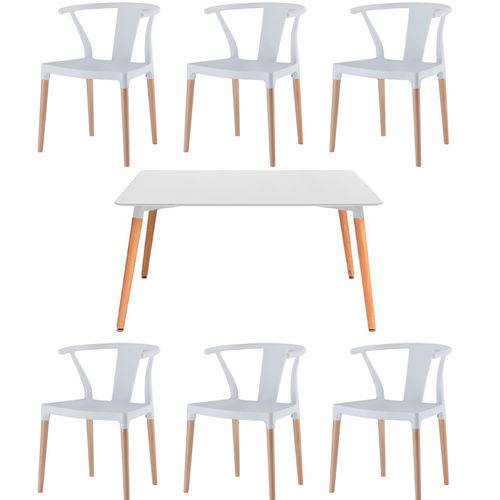 Kit 6x Cadeira Mesa Design Eiffel Eames Madeira Assento Polipropileno Salas Branco Amsterdam Fratini