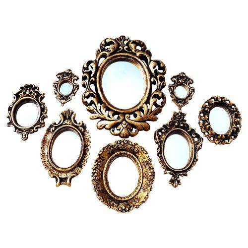 Kit 8 Espelhos Decorativos de Parede com Molduras de Resina Ouro Envelhecido - Pop Decorei
