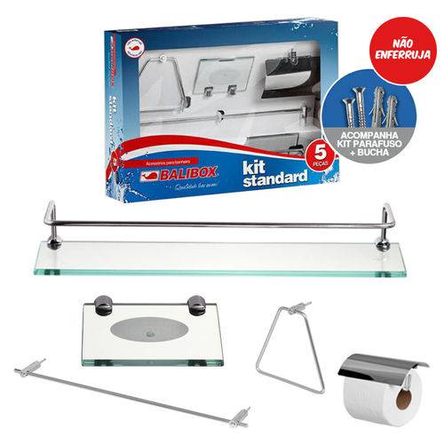 Kit Acessórios de Banheiro Inox / Alumínio / Vidro Incolor 5 Peças - BaliBox