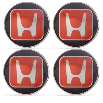 Kit Adesivo Emblema Resinado Honda da Calota 51mm Vermelho e Preto com Símbolo Cromado 4 Unidades