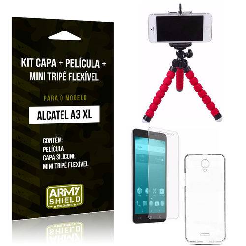 Kit Alcatel A3 XL Capa Silicone + Película de Vidro + Mini Tripé Flexível - Armyshield