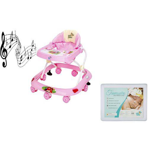 Kit Andador Antiderrapante Rosa Musical e Travesseiro Anti Refluxo Pequeno - Apis Baby