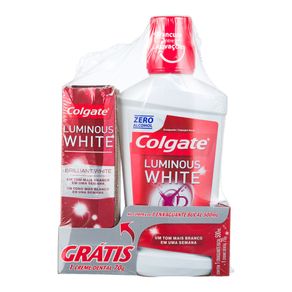 Kit Antisséptico Bucal Luminous White Colgate 500mL + Creme Dental Luminous White 70g Grátis